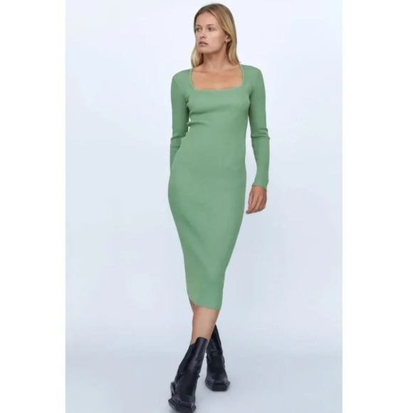 Zara Knit Long Sleeve Midi Dress Green Size Medium - Picture 2 of 8